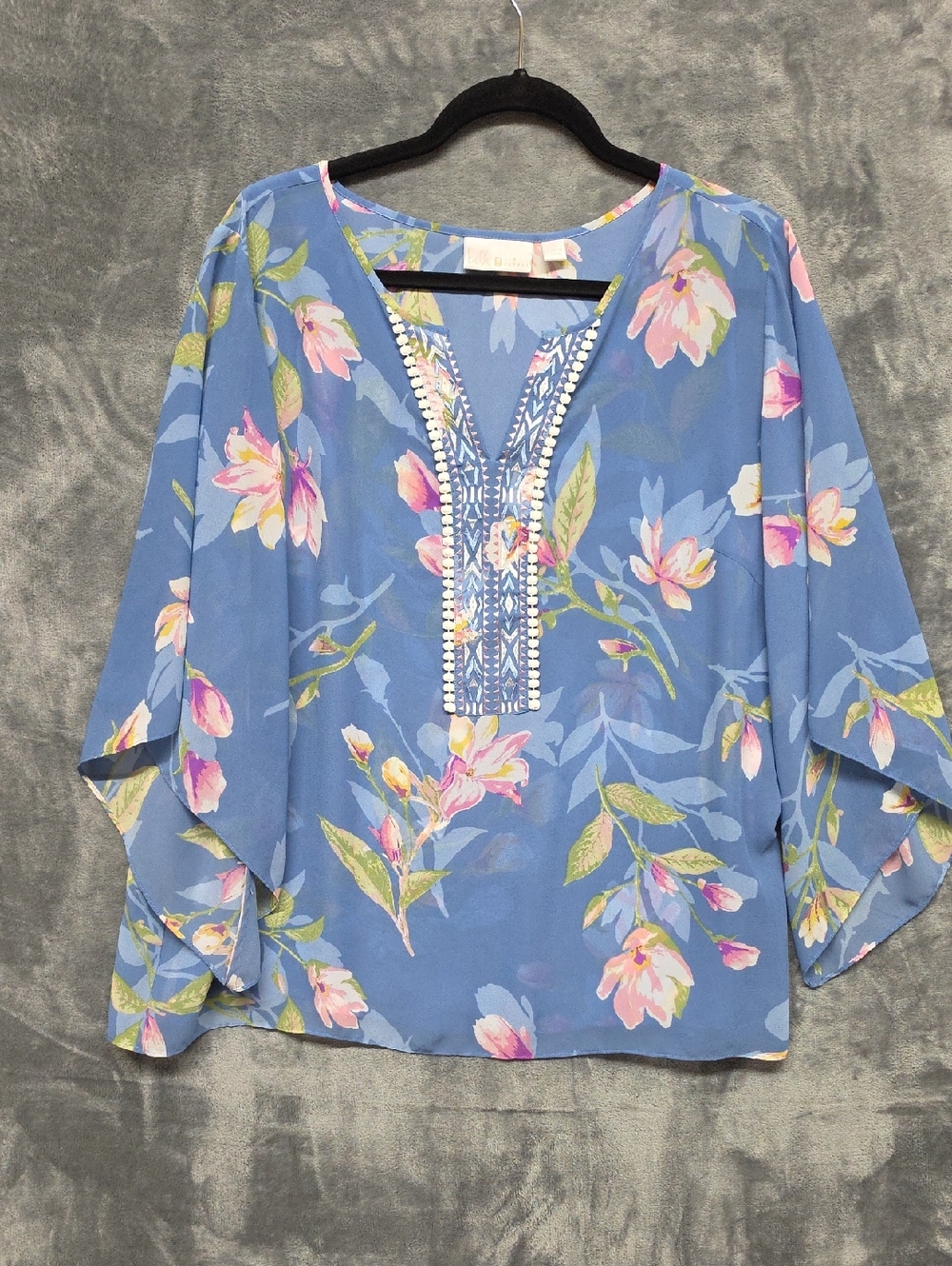Belle by Kim Gravel Blue Floral Embroidered V-Neck Tunic